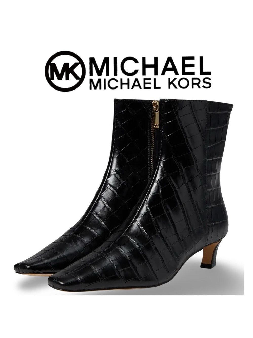 NWOB $225 MICHAEL Michael Kors Cosmo Kitten Heel Bootie — Black Croc Embossed